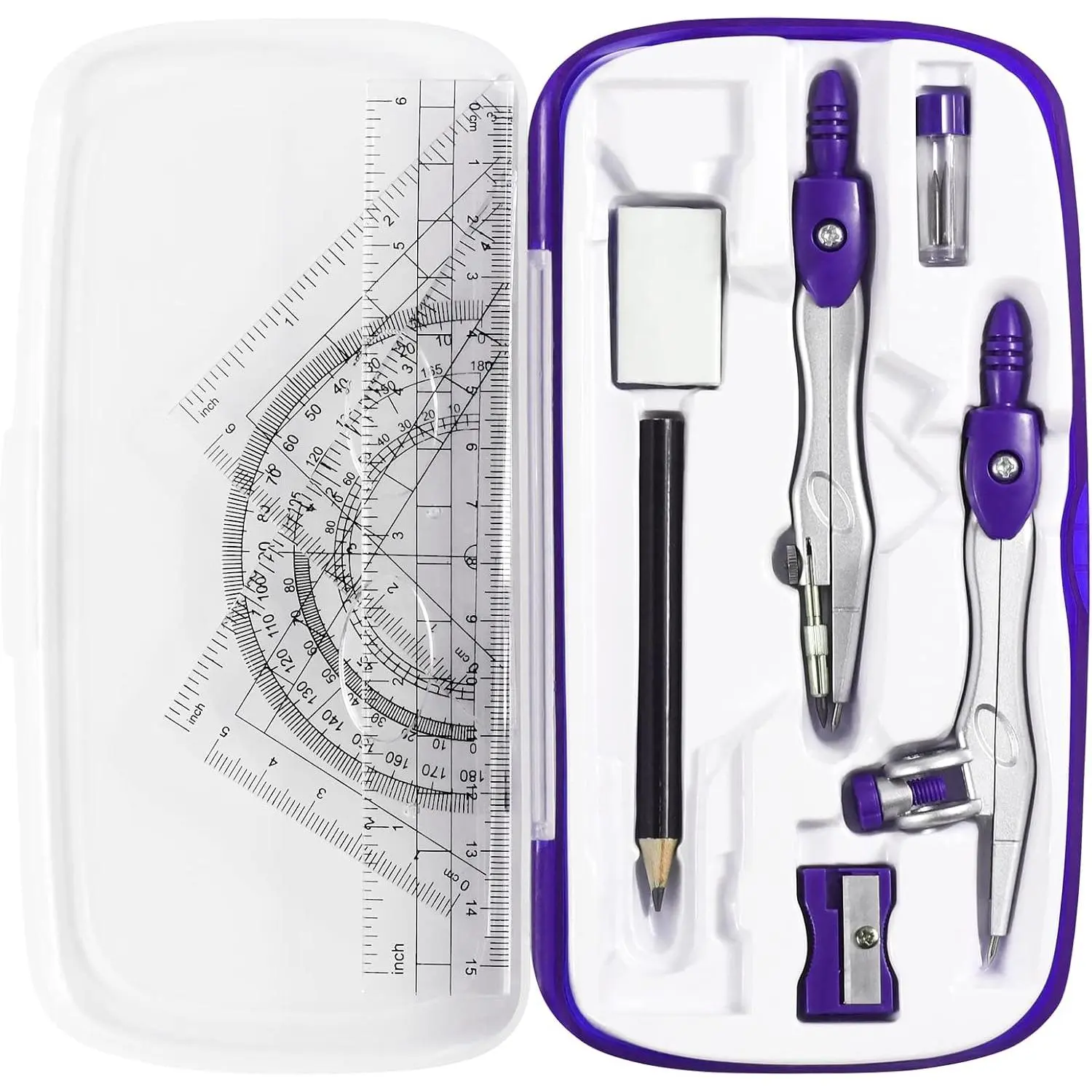 Math Geometry Sets 10 count, Student Supplies Kit, Compass Set ( | Shatterproof Storage Box,Includes Rulers,Protractor,Compass,Eraser,Pencil Sharpener,Lead Refills,Pencil, for Drafting