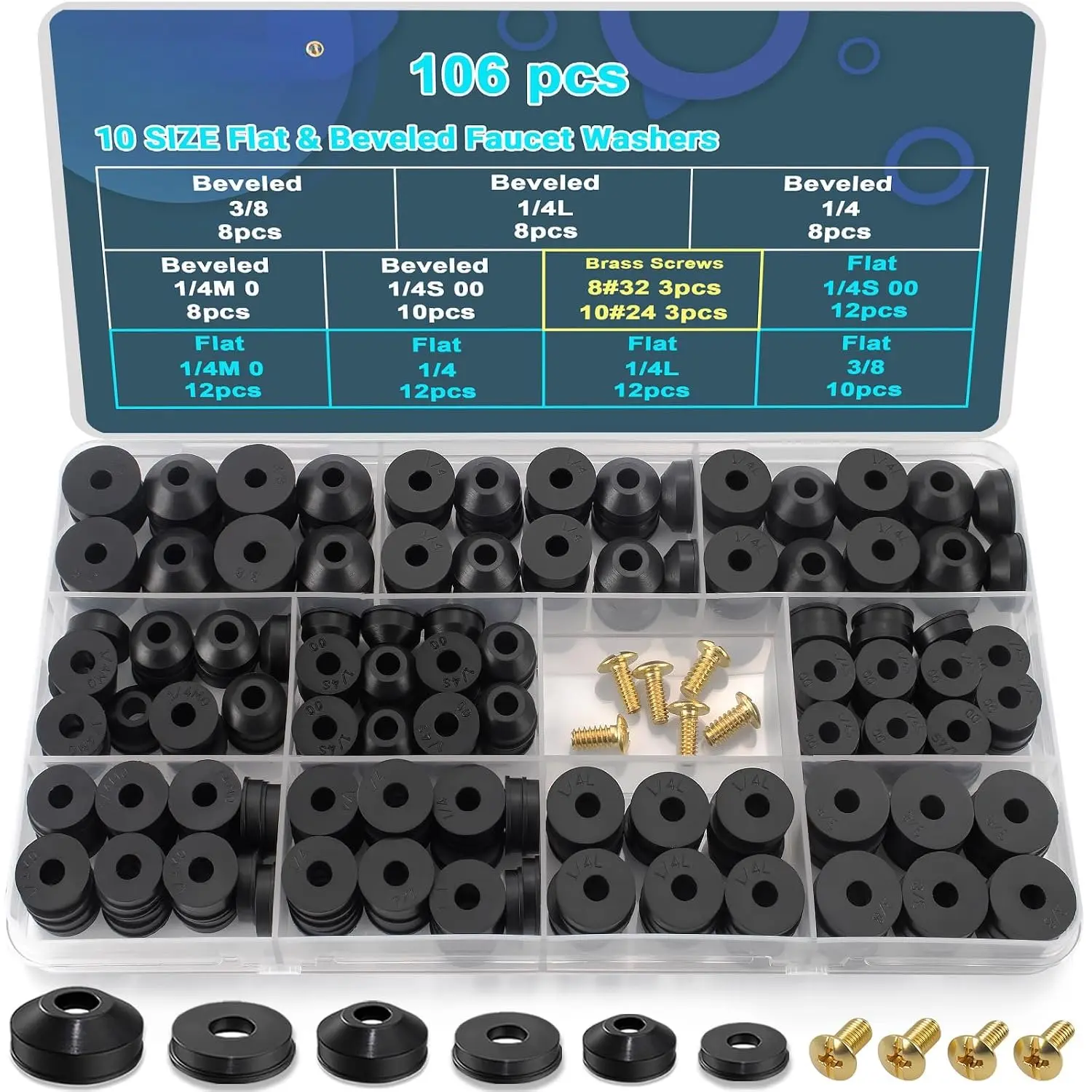 106 count 10 Size Faucet Washers  Kit with Brass Bibb Screws  Flat and Beveled Rubber Washer for DIY Outdoor Faucets Stem Leak Worn Out Seal Repair