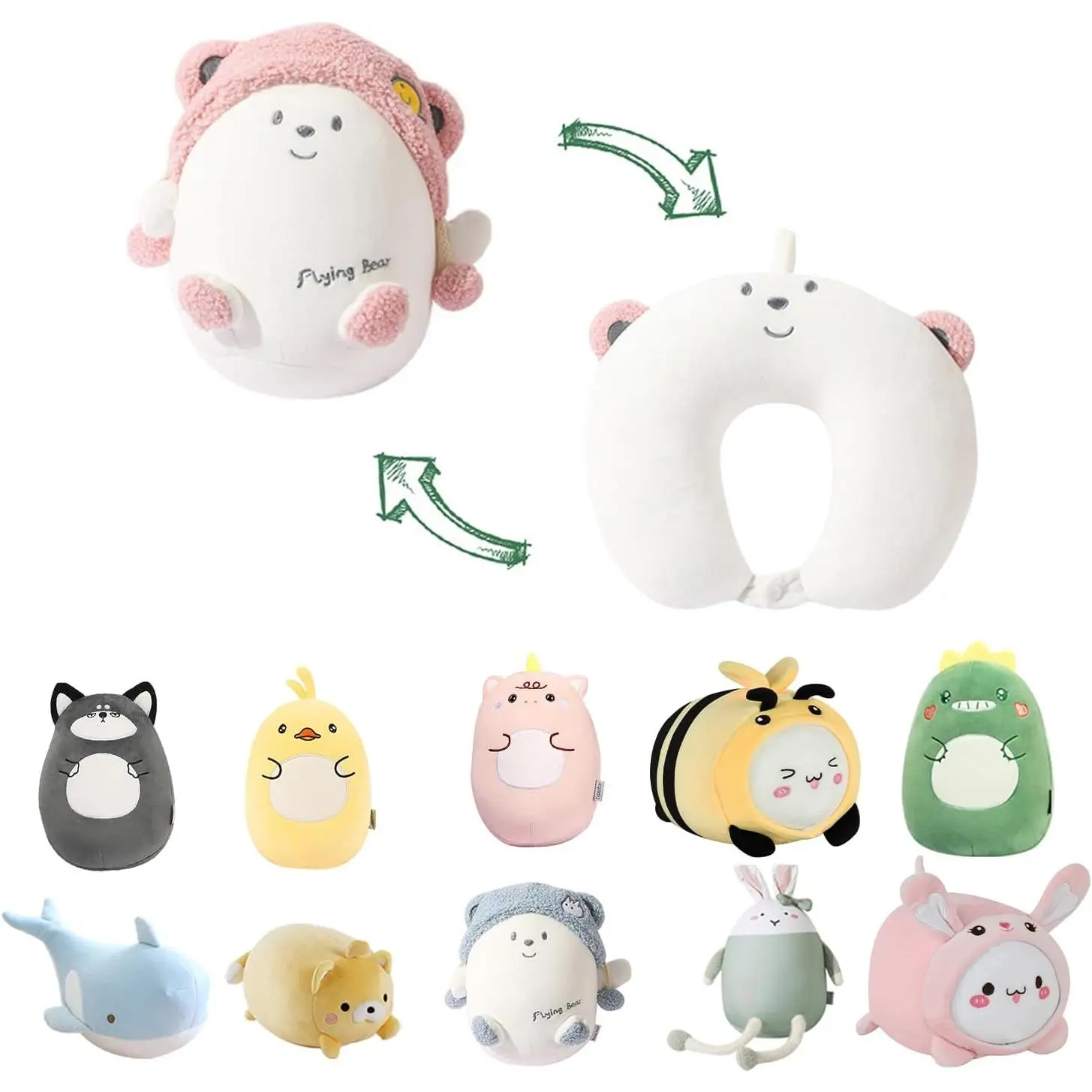 Kids Travel Pillow - 2-in-1 Deformable Kids Neck Pillow for Traveling, Soft U-Pillow with Animal, Comfy Sleep and Play, for Airplanes and Cars - Pink Bear