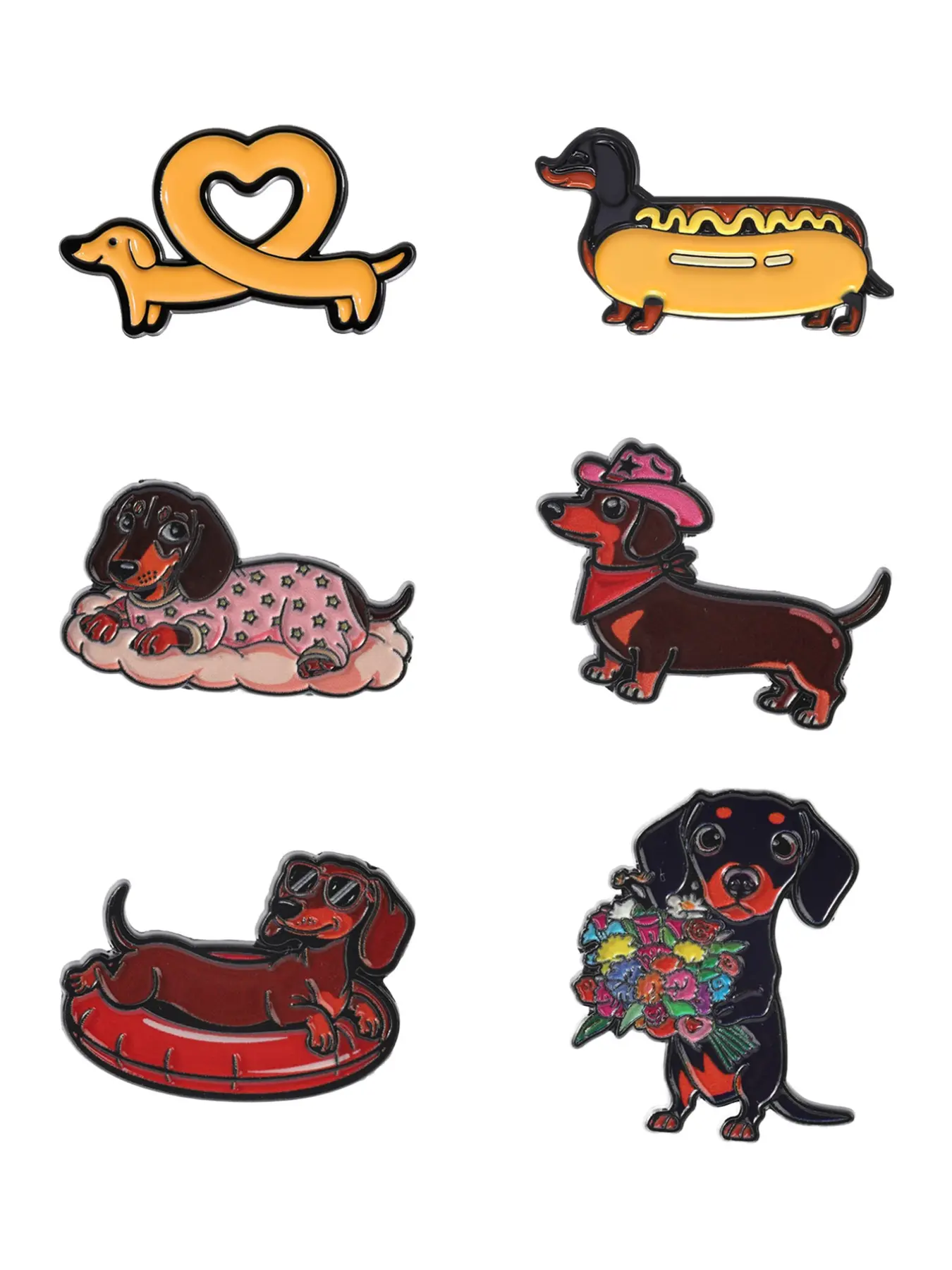 6pcs Cute Dachshund Enamel Pin Set, Funny Sausage Dog Brooch, Alloy Brooch Pin, Kawaii Puppy Lapel Badge, Gift for Dog Lovers, Adorable Pet Accessories