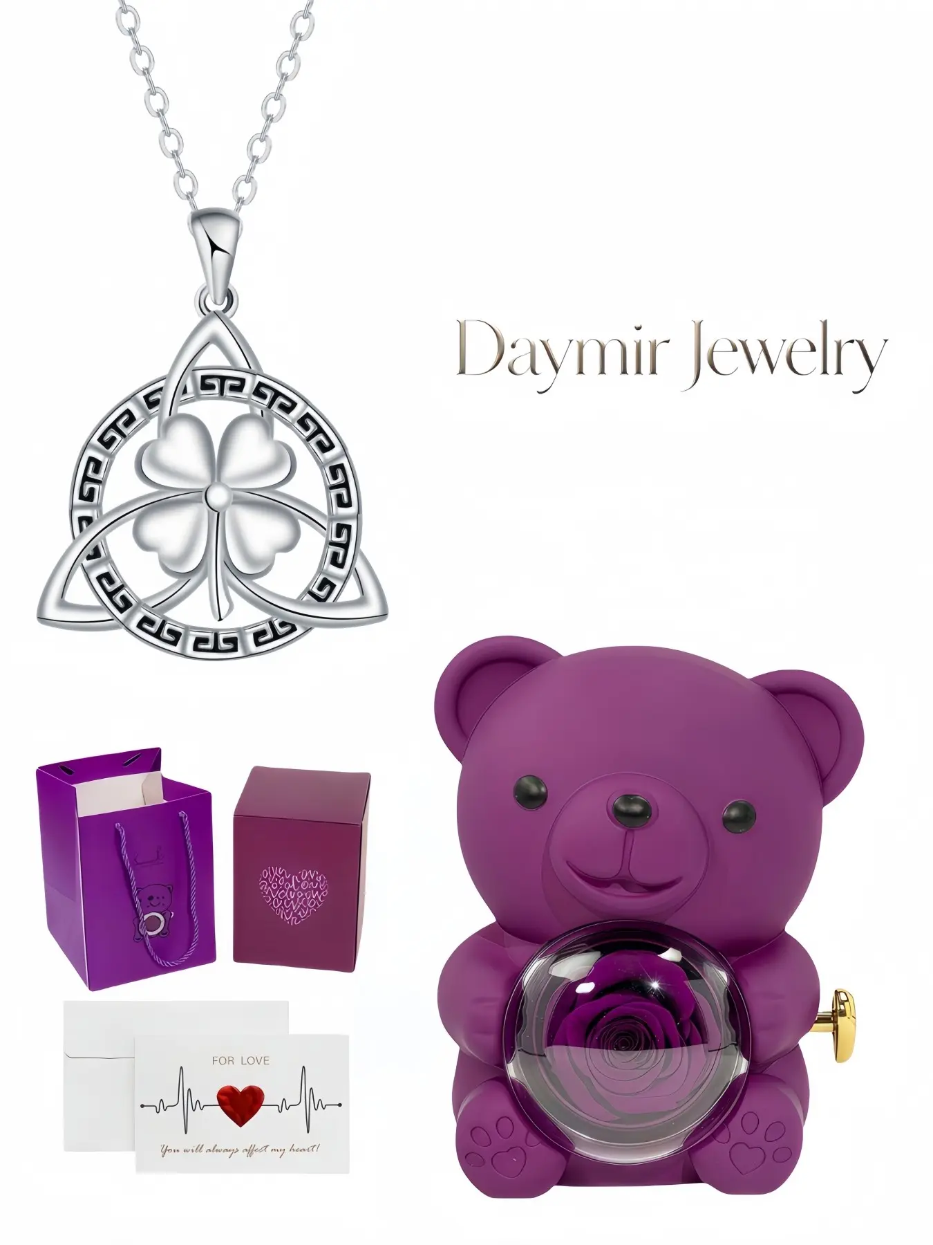 "Celtic Diamond Clover", stylish distinctive Celtic four-leaf clover necklace with cute rotating rose bear jewelry box, a mysterious gift for birthdays, Mother’s Day, Valentine’s Day and Christmas.