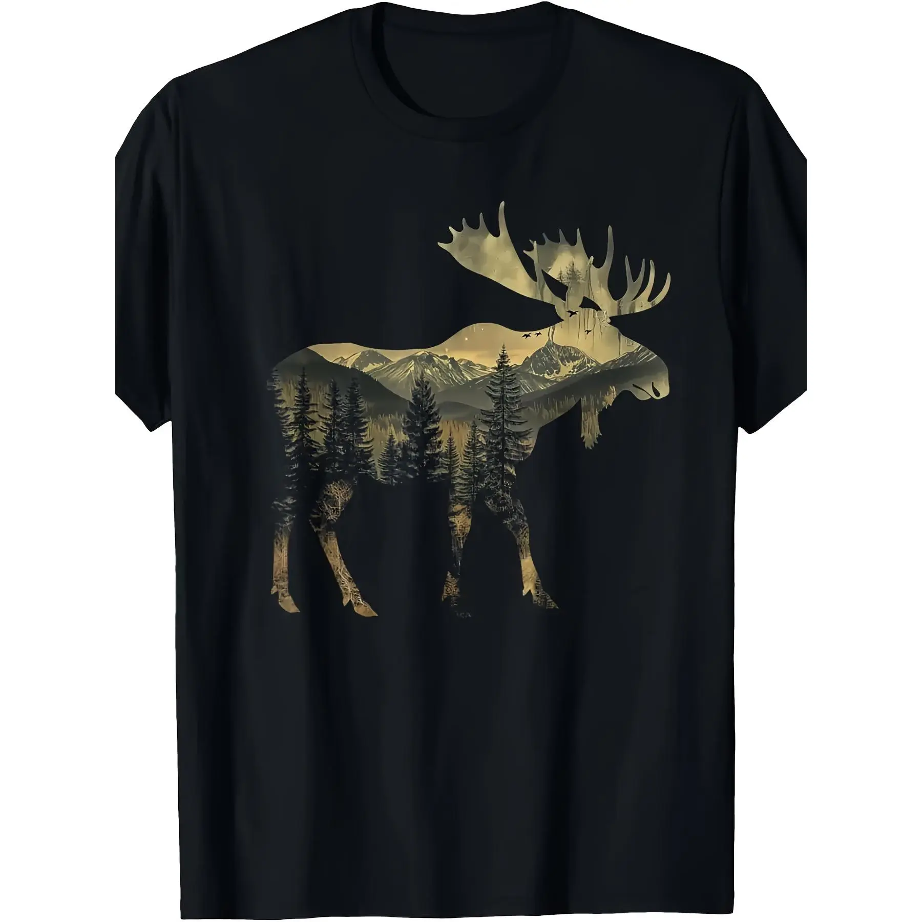 Men's 100% Cotton Crew Neck T-Shirt - Moose Silhouette Mountain Forest Double Exposure Graphic, Outdoor Casual Menswear Top, Nature Lover Gift, Black, S-3XL Sports & Outdoor Clothes, Tshirt, Breathable