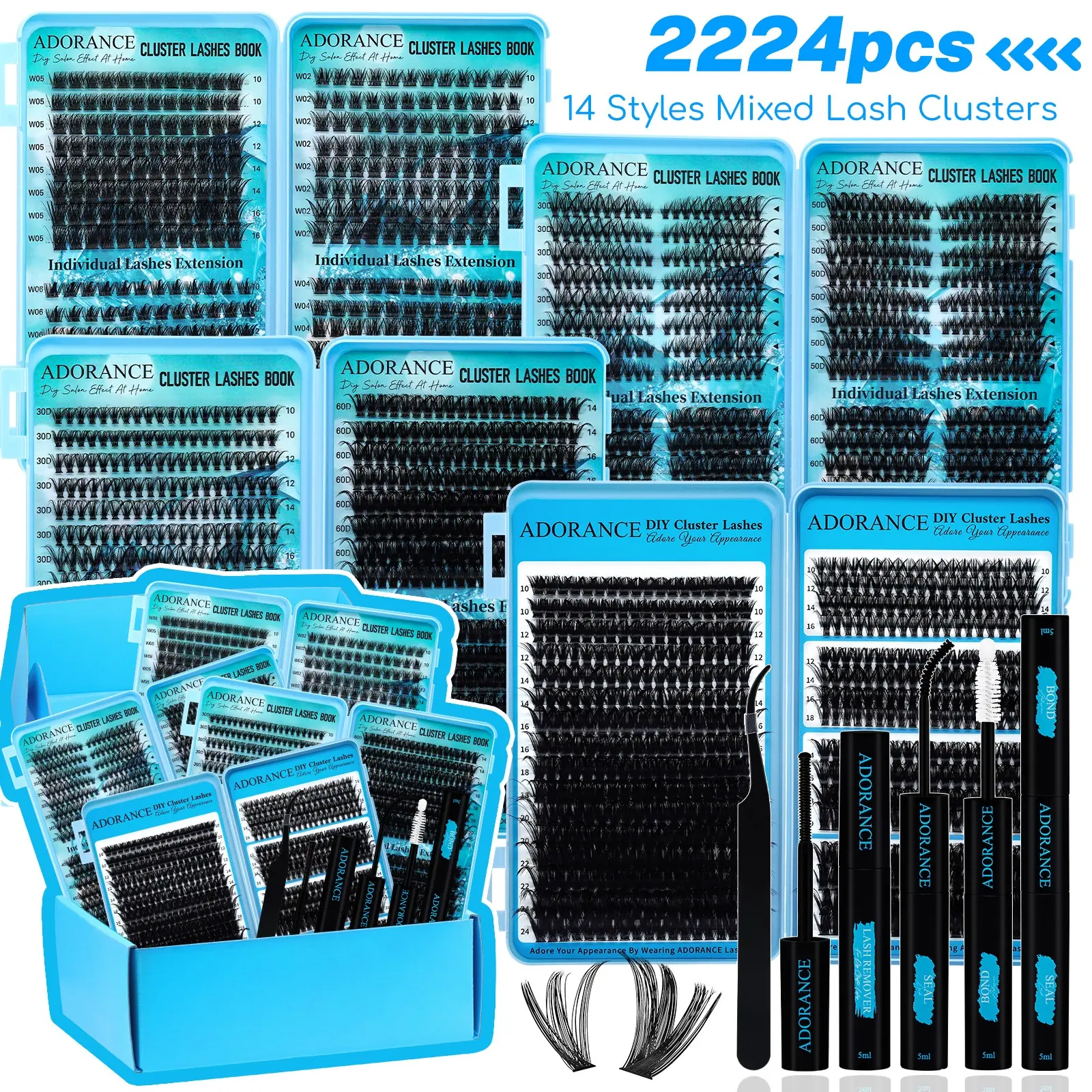 ADORANCE 4 Box 2224PCS Lash Clusters Kit, 14 Styles Mixed Wispy Eyelash Clusters, Natural Wispy Cat Eye Lashes, Large Capacity DIY Lash Extension Kit with Bond & Seal, Remover and Tweezers