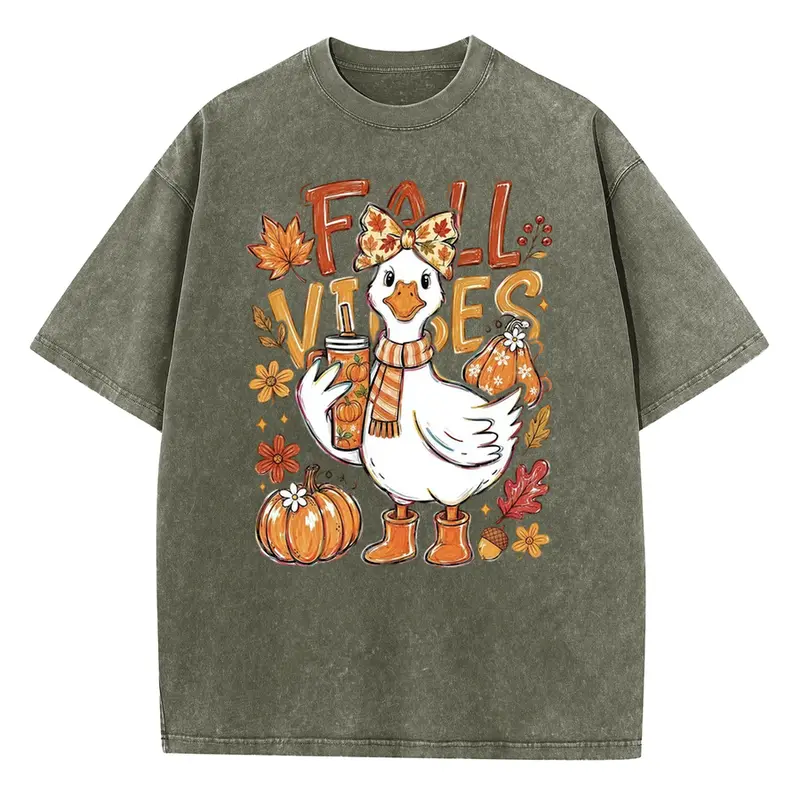Women's Stylish Streetwear Short Sleeve Holafish Unisex Vintage Acid-Washed Crew Neck T-Shirt, Loose Drop-Shoulder Top with Cute Duck, Pumpkin, Maple Leaf & Fall Drink Prints, for Fall Gatherings & Weekend Outings