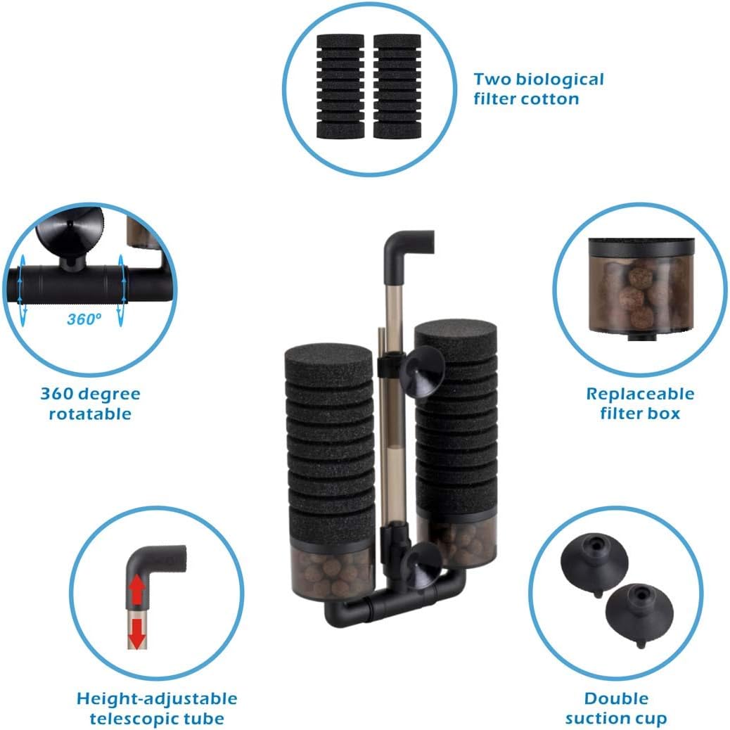 Sponge Filter, Aquarium Filter Double Sponge Replaceable Media with 4 Biochemical Sponges and 1 Bag of Filtered Ceramic Balls Ultra Quiet Filter Fish Tank (S/M)