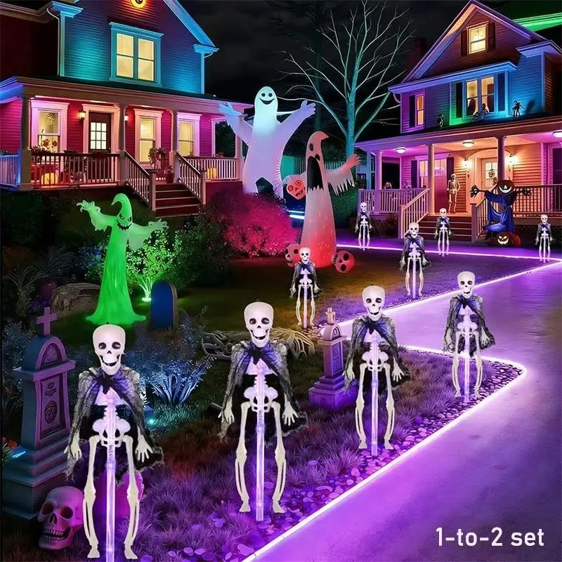 1-to-2 Solar Halloween Garden Lights, 3D Spooky Skull Outdoor Decor Lamps, Solar Powered Skull Pathway Stake Lights, Halloween Ornament Gift for Cemetery, Yard, House & Holiday Party Decoration
