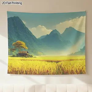 1pc Two-Dimensional Flat Tapestry Wall Hanging, Single Piece, Golden Fields and Mountains Landscape, Suitable for Home Decor, Photo Backdrop, Party Decoration, Polyester Fabric Banner, Includes Free Installation Kit, Suitable for Outdoor Use