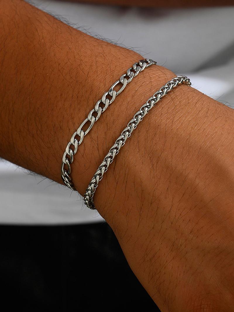 Summer Men's Simple Plain Chunky Chain Link Stackable Bracelet, Fashion Cuban Chain Bracelets Kit, Stainless Steel Bracelet, Elegant Jewelry Bracelet, Casual Versatile Streetwear Jewelry Accessories, Non Tarnish Jewelry, Fashionable Accessories