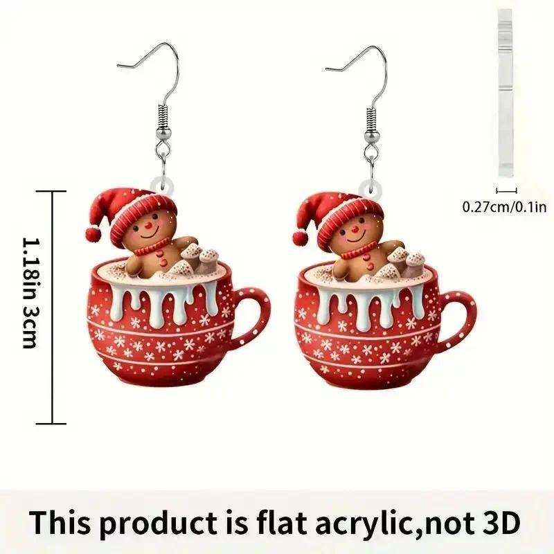 2D Flat Cute Milk Tea Cup Gingerbread Man‌ Acrylic Earrings Winter Atmosphere Earrings Christmas and New Year Gift Accessories