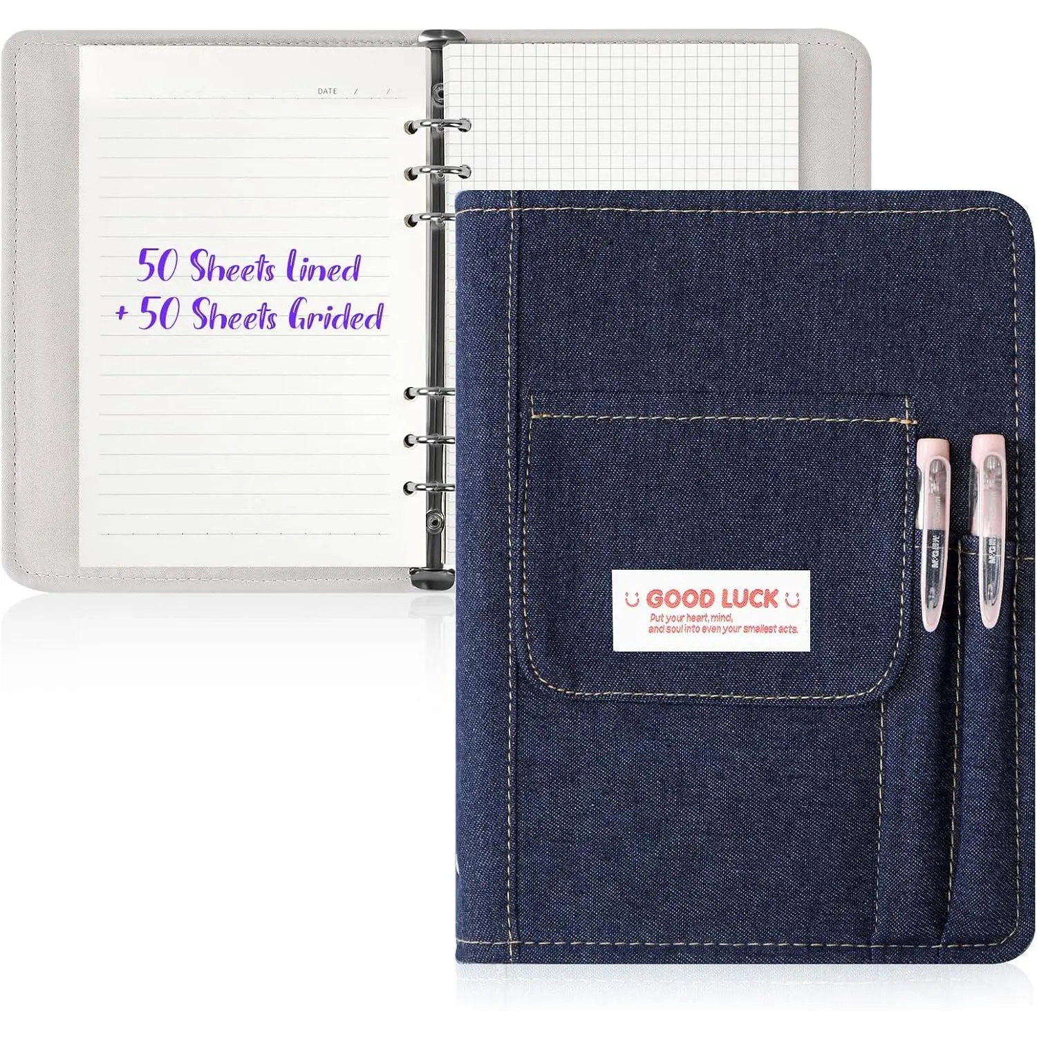 A5 Refillable Notebook Binder, A5 Denim 6 Ring Binder Cover with 100 Sheet Filler Paper, Y2K Personal Journal Notebook for Girls Women School College Students, Dark DENIM