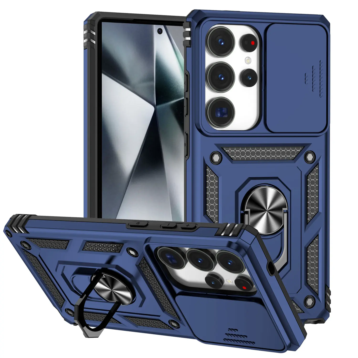 Petsun QPS Heavy Shockproof Full Body Phone Casing for Samsung S25 Edge, A16, A26, A36 - Sergeant Style Push Window, Magnetic Anti-Drop Sliding Cover with Ring Stand, Duty Back Cover for Camera Protection, Mobile Accessory