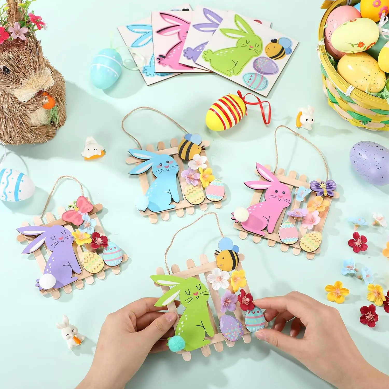 Easter Craft Kits DIY Wooden Bunny Egg Bee Butterfly Ornaments with Artificial Flowers and Stick Make You Own Easter Handmade Artwork for Spring Party Favors Home Activity Decoration
