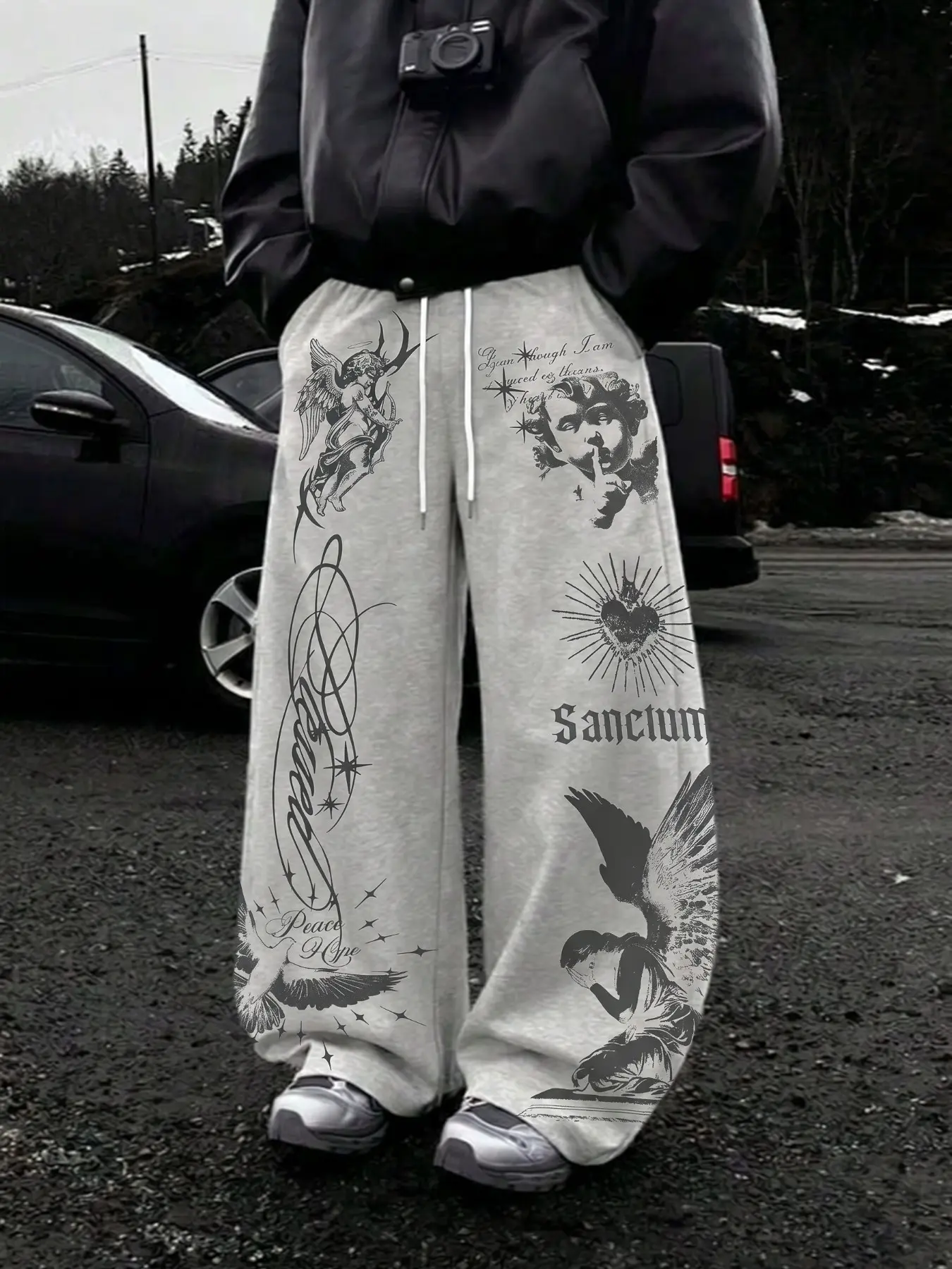 Unisex Heather Grey Loose Drawstring Sweatpants | Cupid Angel Heart Dove Print Religious Pants | Streetwear Wide Leg Bottoms for Fall Winter