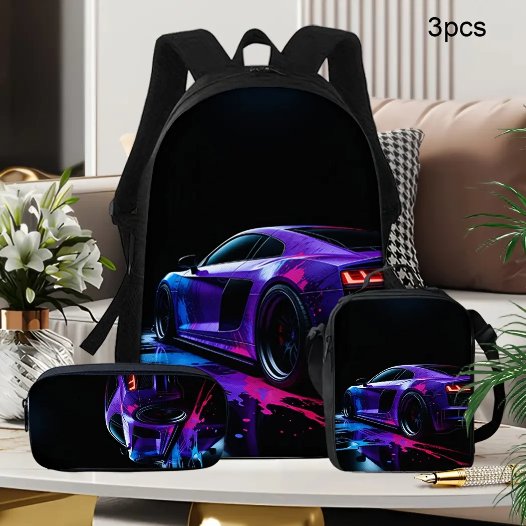 Purple Neon Sports Car Backpack for Kids and Teens, Cool Racing Car Print Black School Bookbag with Adjustable Shoulder Straps, Top Handle and Side Mesh Pockets for Students, Travel and Everyday Use