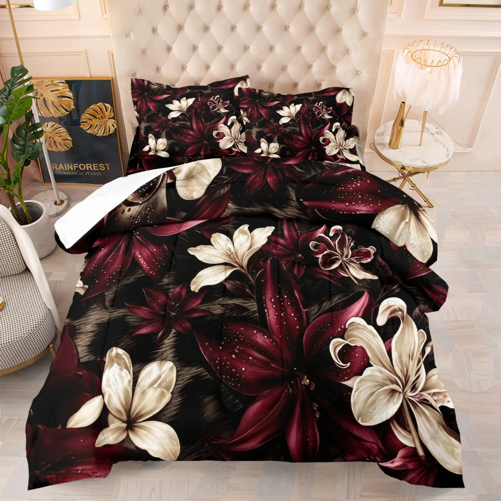 Black Fur Texture Burgundy Cream Lily Floral Comforter Set, 1 Comforter + 1-2 Pillowcases, Dark Gothic Dewy Lily Flower Print, Soft Cozy Breathable Microfiber Washable Bedding, Dark Luxury Floral All Season Bedroom Duvet Set