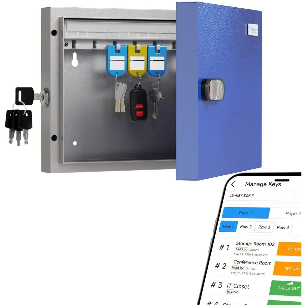 WeHere 16 Key Lock Box, Key Cabinet with Key Management App (Track Key Borrow/Return), 3-Digit Combination Lock & Backup Key, Wall Mount Key Holder Organizer Box for Home, Small Office, Rental