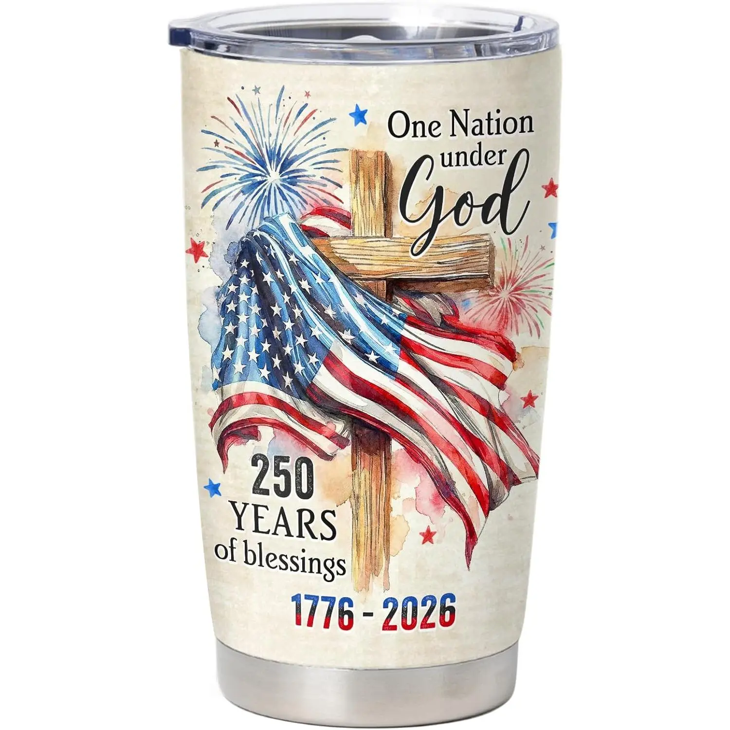250th Anniversary USA 20oz Stainless Steel Insulated Tumbler with Lid, 2D Printed One Nation Under God Patriotic Cross American Flag Coffee Tumbler, 1776-2026 Independence Day Gift