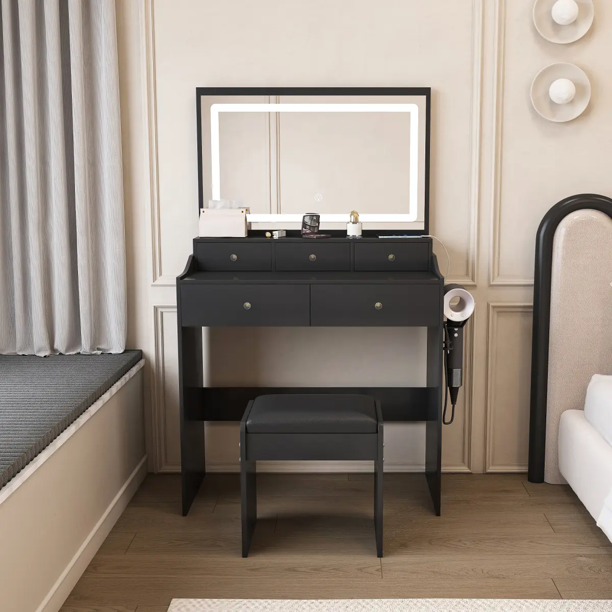 New Large Mirror Vanity Desk for Bed room  , Modern Makeup Vanity Set with Power Outlet and Hair dryer holder, 5 Drawers , 3 Lighting Color Adjustable Dressing Table for Bedroom, Black/White