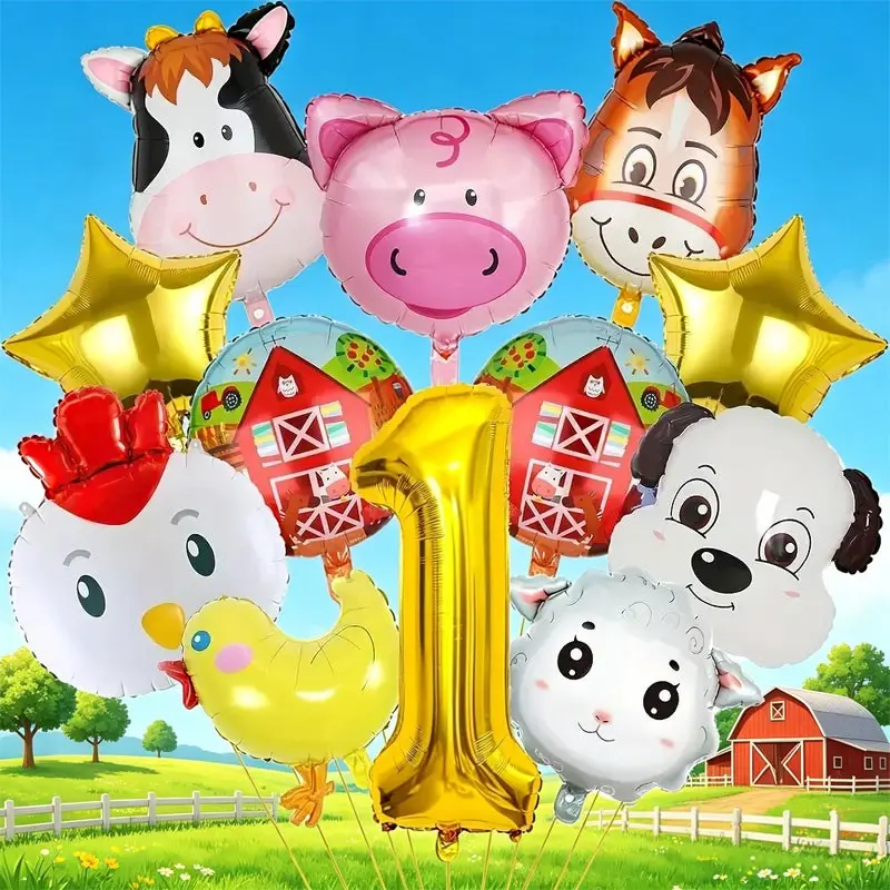14-Piece Farm Animal Theme Balloon Set, 32-Inch Number Balloons, Cartoon Animal Shapes, Sheep for Kids Birthday Party Decorations