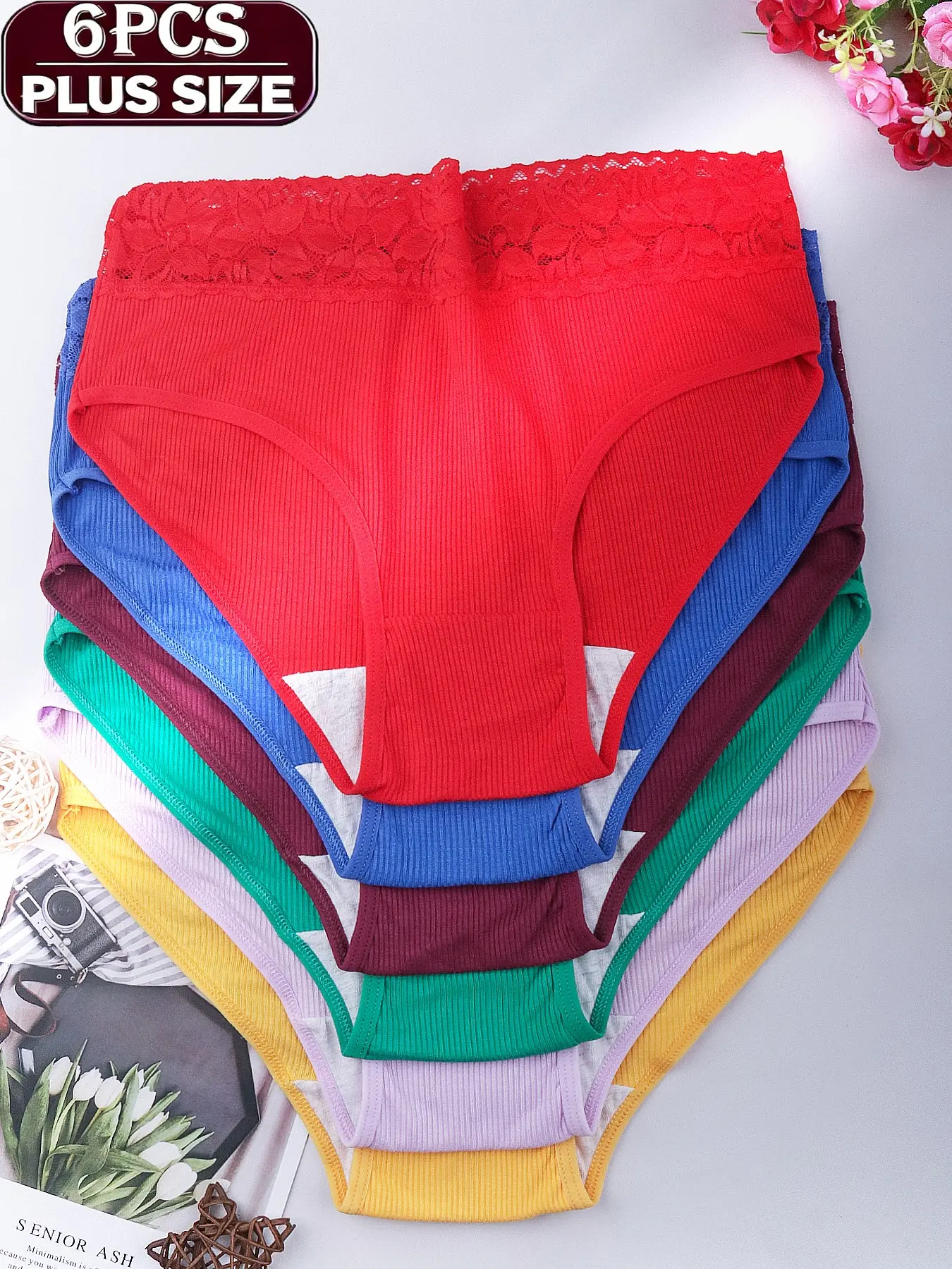 6-piece set of plus size loose women's ribbed cotton panties, made of comfortable and breathable ribbed fabric, with lace decorative waistband design, floral and patchwork pattern, specially designed for everyday wear, Casual Panties