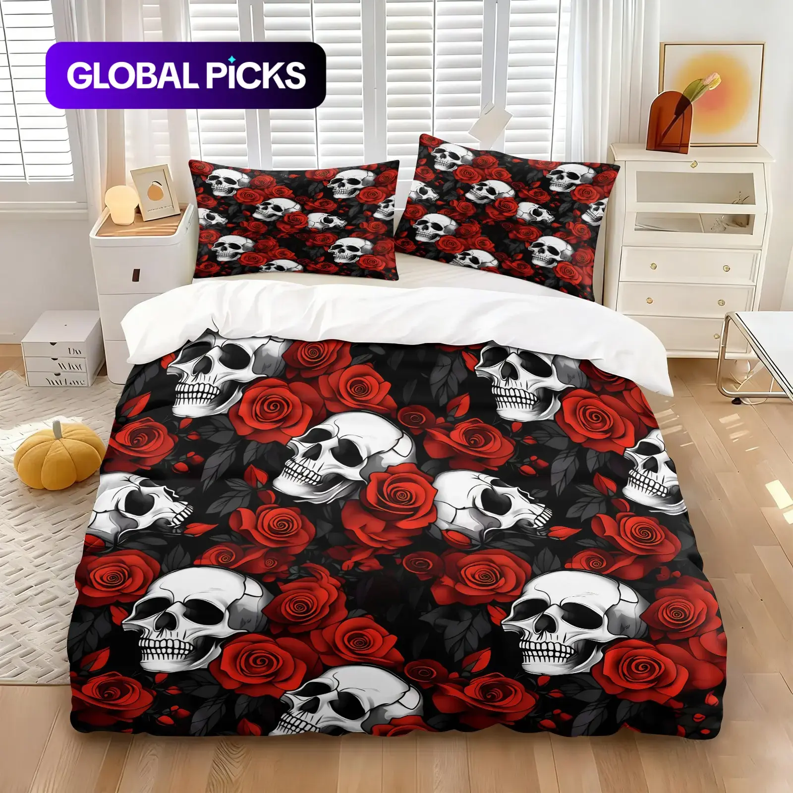 Rose Skull Theme Decorative Duvet Cover Set-1 Duvet Cover & 1-2 Coreless Pillowcases-Black Base White Skull & Red Rose Dark Green Leaves Print-Soft Comfortable Easy Care Bedding-Gothic Romance Style Bedroom Decor