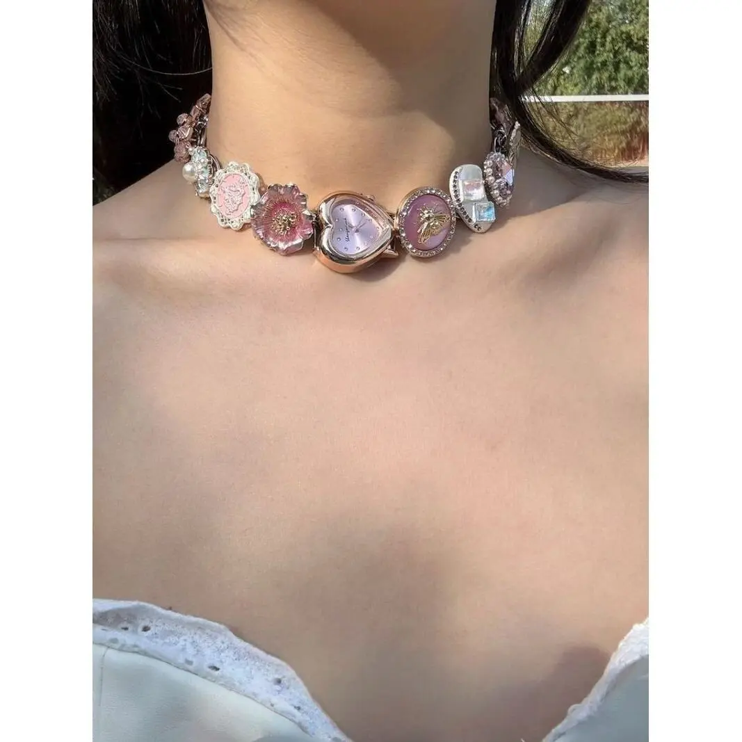 Pink Heart Watch Choker, Vintage Floral Rhinestone Inlaid Collarbone Chain, Sweet Y2K Girly Aesthetic Neck Ornament, Retro Baroque Crystal Handmade Jewelry, Adjustable Elegant Accessory for Daily Dating Sweet Outfit Matching