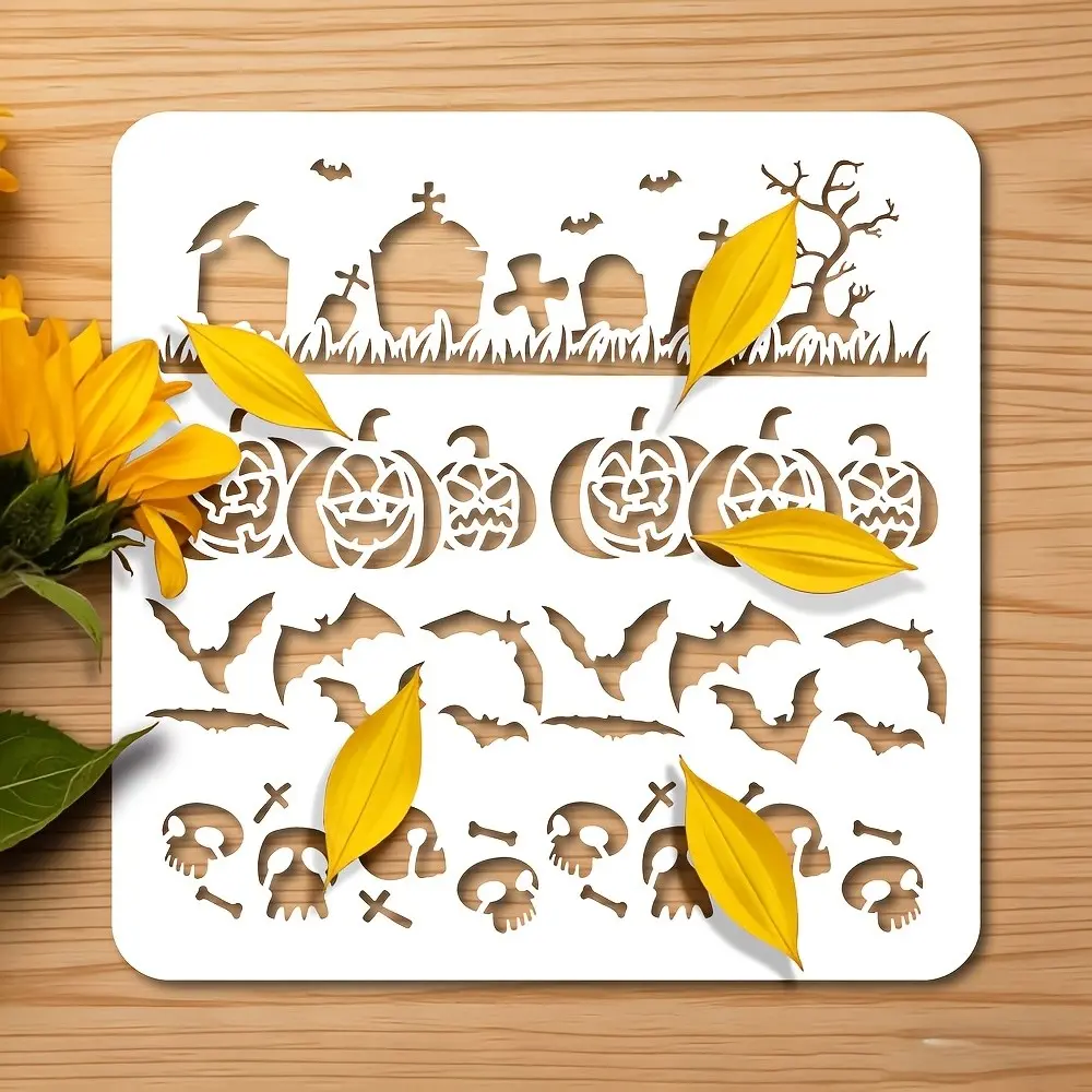 Halloween Drawing Template, Reusable 7.91 X 7.91 Inch Art Template, Pumpkin Bat Skull Grave Pattern, Ideal for Crafts and Decorations