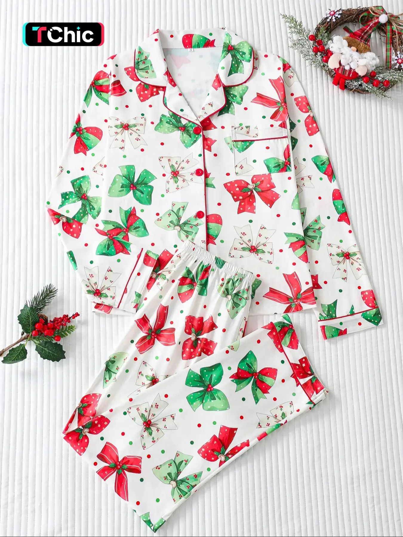 Two-Piece Christmas Pajama Set, Elegant All-Over Print, Soft Satin Fabric, Fitted Long Sleeve Top and Pants, Holiday Home Wear