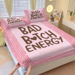 3-Piece "Bad Btch Energy" Pink Sequin Fitted Sheet Set - 1 Fitted Sheet + 2 Pillowcases, Soft Breathable Fabric, Deep Pocket Non-Slip Mattress Protector, Sparkly Girly Bedding for Teen Bedroom & Gift