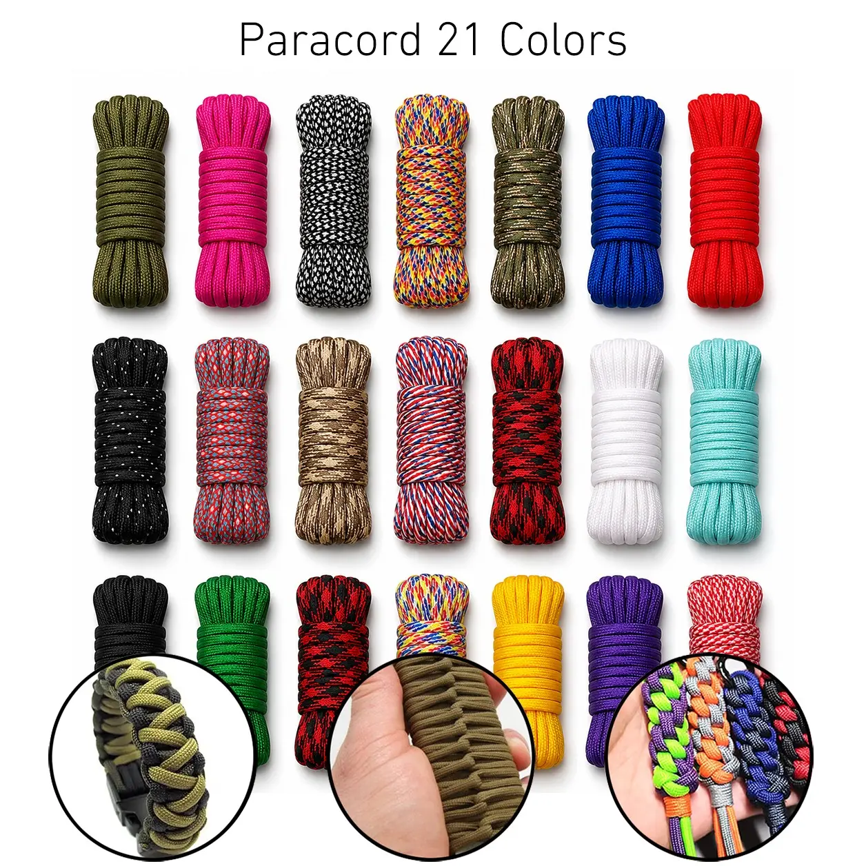 21-Color Mixed 5mm 7-Strand Paracord Set, Includes Solid and Patterned Colors, Durable Rope for Camping, Hiking, DIY Bracelets, Lanyards and Gear Ties