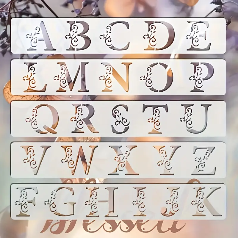 5-piece floral letter stencil set, suitable for fabric, scrapbooking, weddings, and birthday celebrations, includes uppercase letters, lowercase letters, and numbers. Can be used as a multifunctional decorative creative tool.