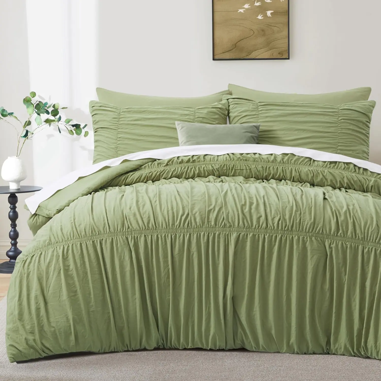 Ruched Comforter Set  Size, 5 count  Comforter with Elastic Design,  Boho Comforter Bedding Sets, Shabby Chic  Rustic Style Bedroom Decor  Seasons - Sage Green