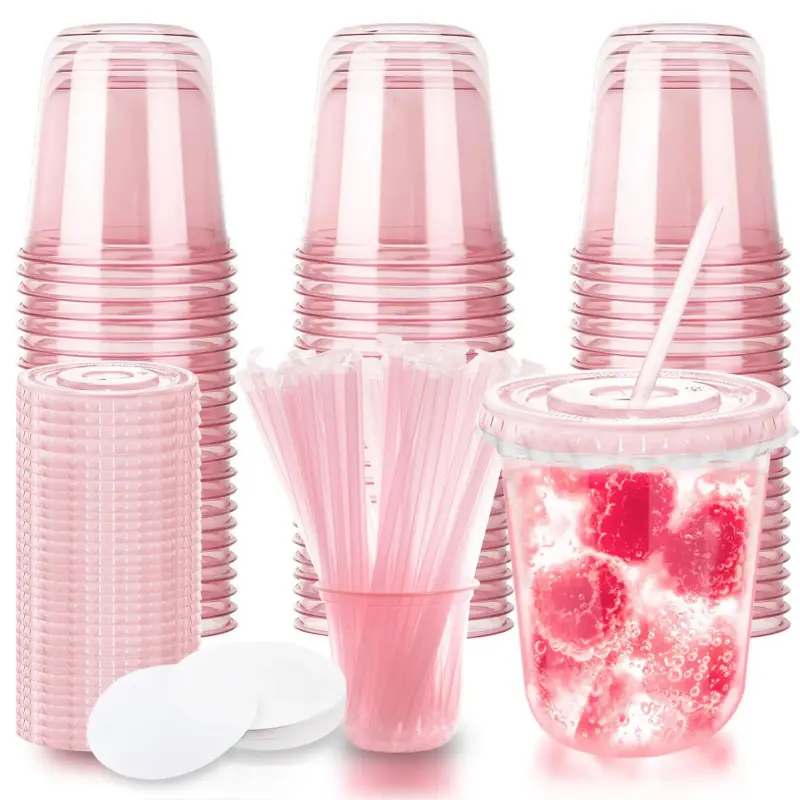 50-Pack 12oz Transparent Pink Round PET Plastic Disposable Stemless Stacking Cups with Flat Lids, Straws, Stacked Packs for Christmas Drinks Serving, Family-Friendly Party Tableware Supplies