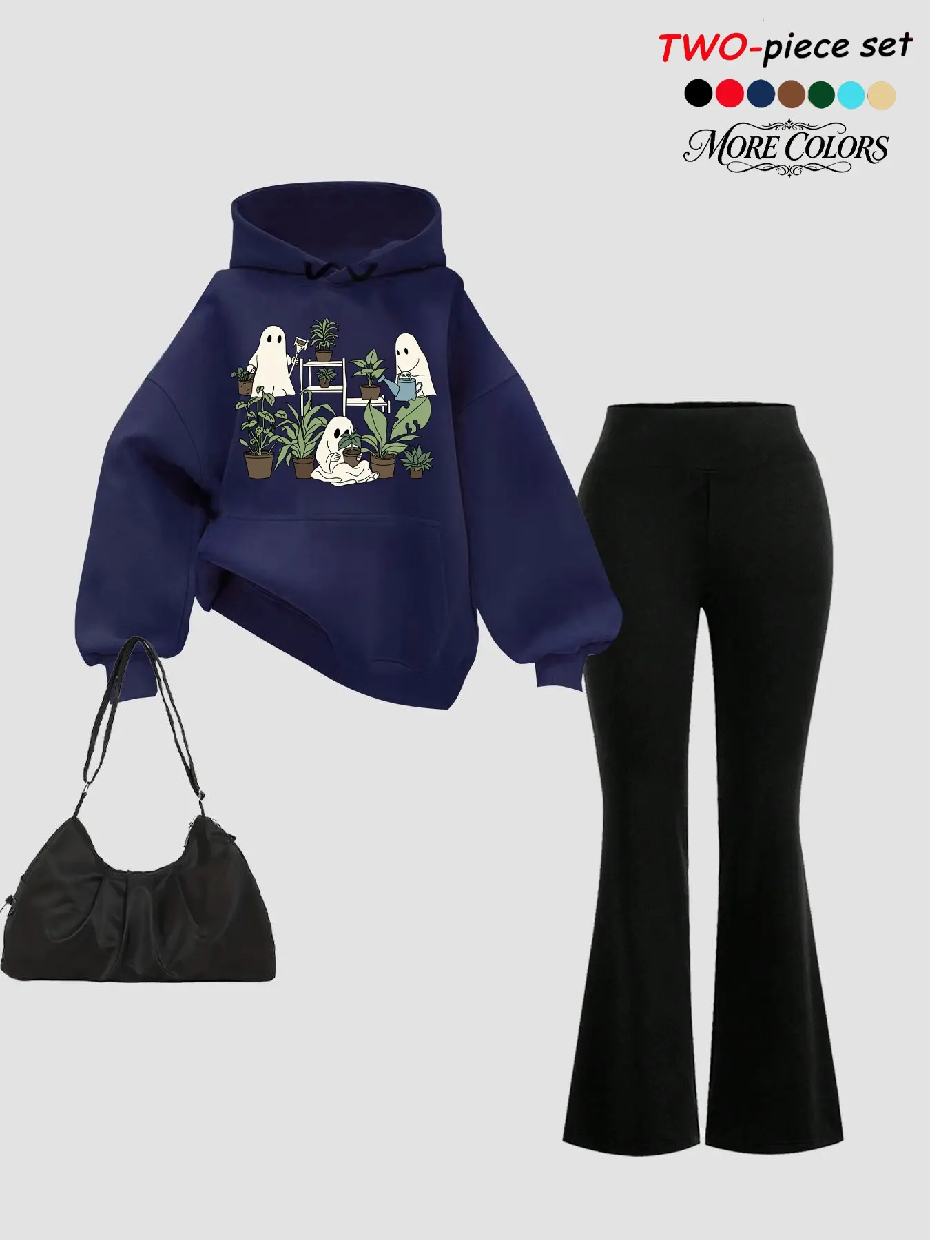 Women's Y2K Fall Winter 2-Piece Set, Halloween Ghost Print Pullover Hoodie & Comfortable Bell Pants, Street Style Fashion