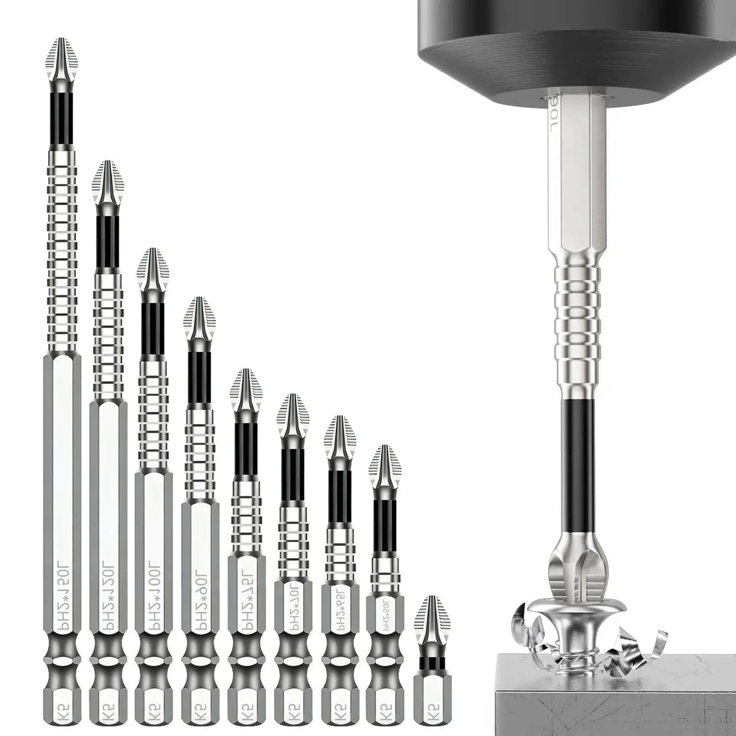 PH2 Magnetic Screwdriver Bit Set 9PCS - Impact Resistant S2 Steel Bits, Non-Slip Electric Screwdriver Drill Bits, 1/4" Hex, 25-150mm Tool Hardware