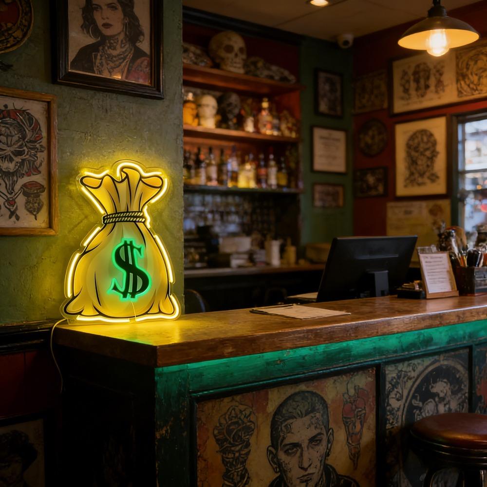 Money Bag Dollar Sign Neon Sign, USB Powered Dimmable Warm Yellow Green LED Neon Light, Money Themed Wall Decor for Man Cave Bar Game Room Office, Wealth Motivational Gift for Entrepreneurs Gamers Guys, size: 40 x 27 cm