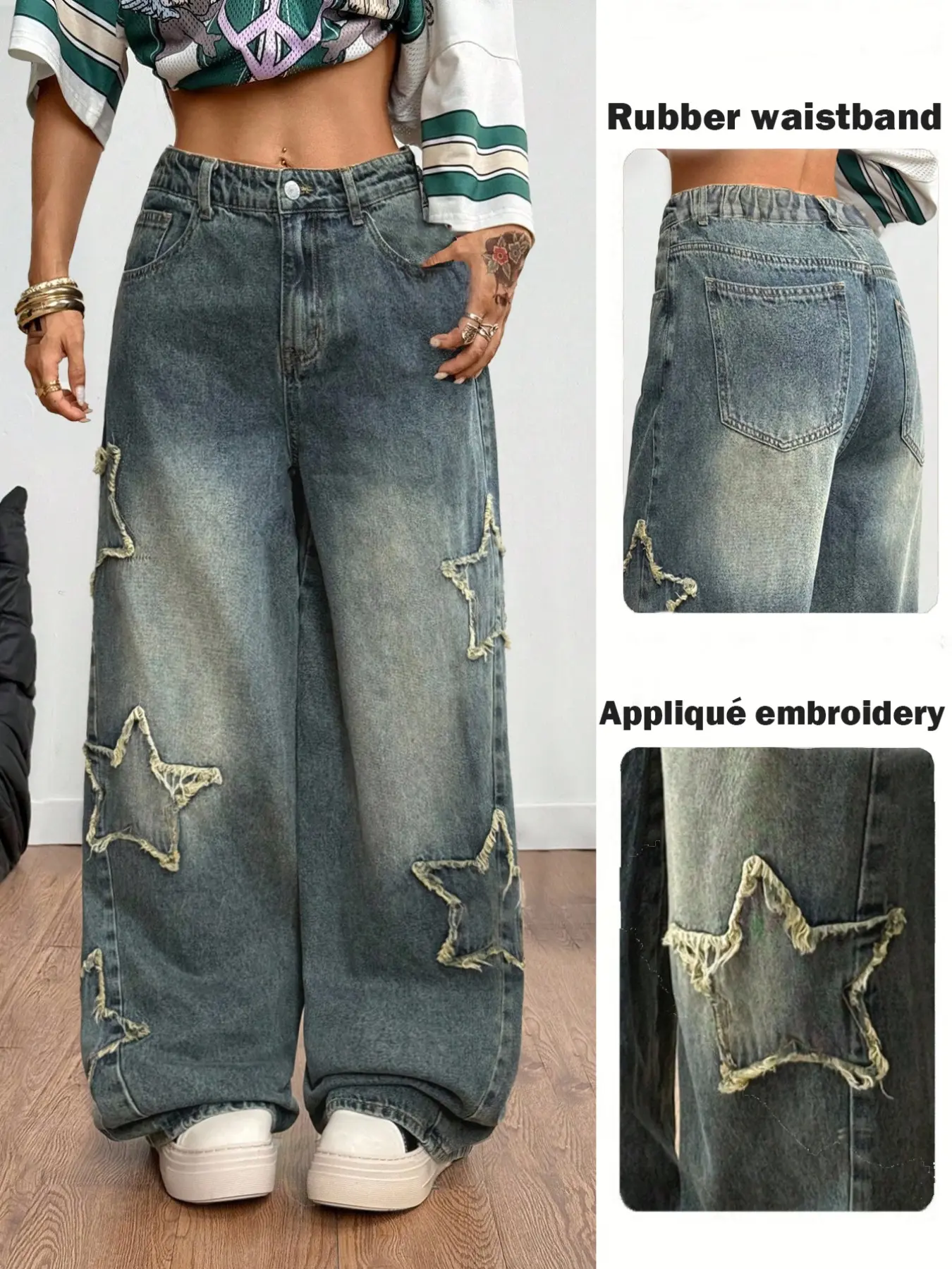 Women's All-Season Streetwear Casual Rapper Vintage Y2k Athleisure Grunge Star Pattern Washed Baggy Jeans