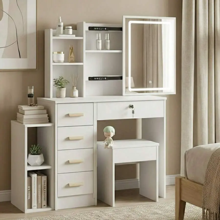 Vanity Desk Set With 3‑Color LED Mirror, 31.5"*15.75"*52.36"Makeup Dressing Table With Lockable Drawers & Padded Stool, Large Storage Vanity Bedroom,corner,,withdrawers,luxury,lighted