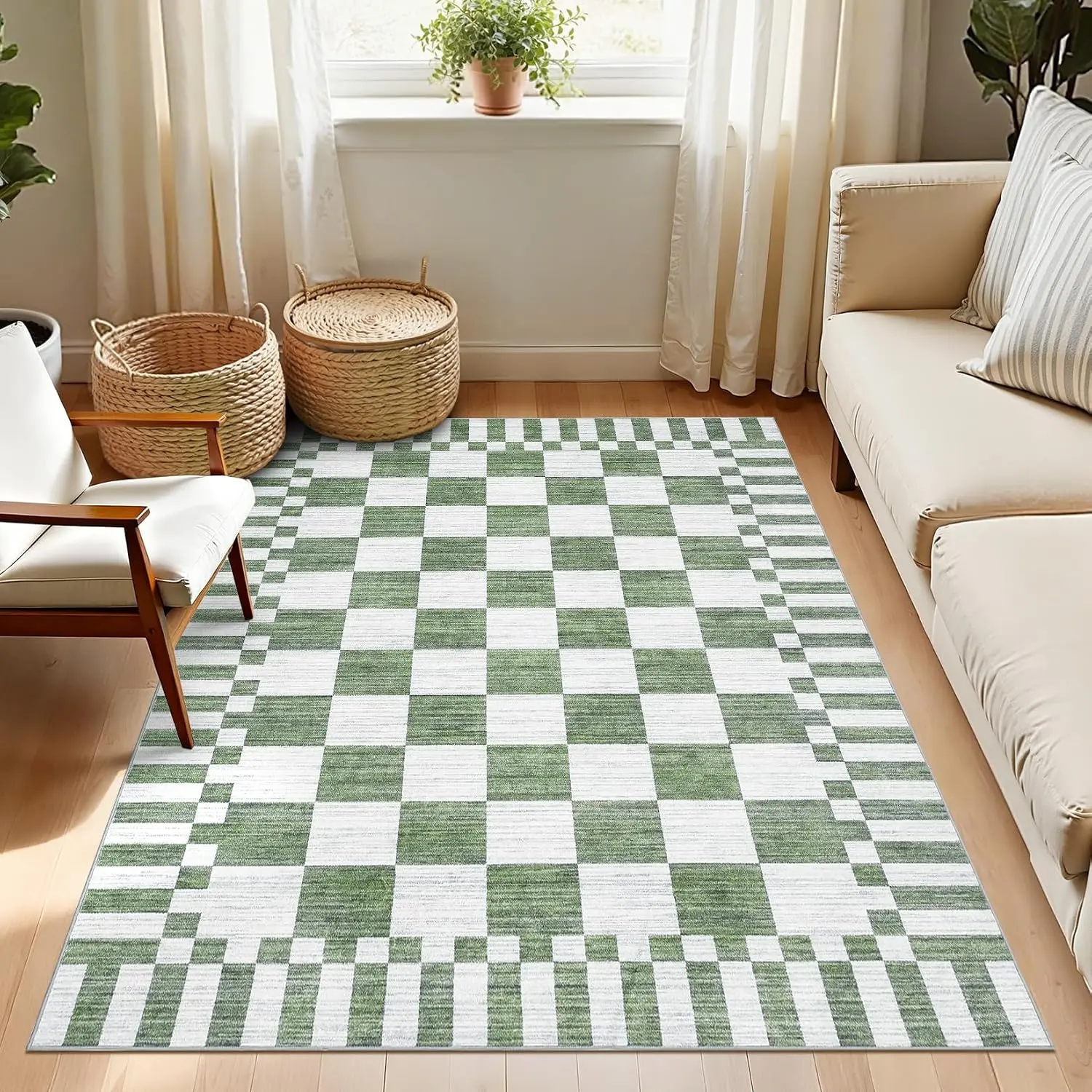 Checkered Rug 3x5 Area Rugs for Living Room Washable Nursey Rug| Green Non Slip Farmhouse Soft Low-Pile,Neutral Geometric Checkerboard Rugs for Bedroom Playroom Office Kids Room