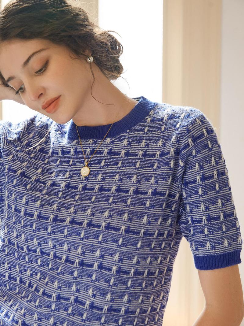 Women's French Knit Commuter Top, Knitted Sweater, Geometric Pattern Round Neck Short Sleeve Casual Loose Fit T-Shirt, Spring Summer Fashion