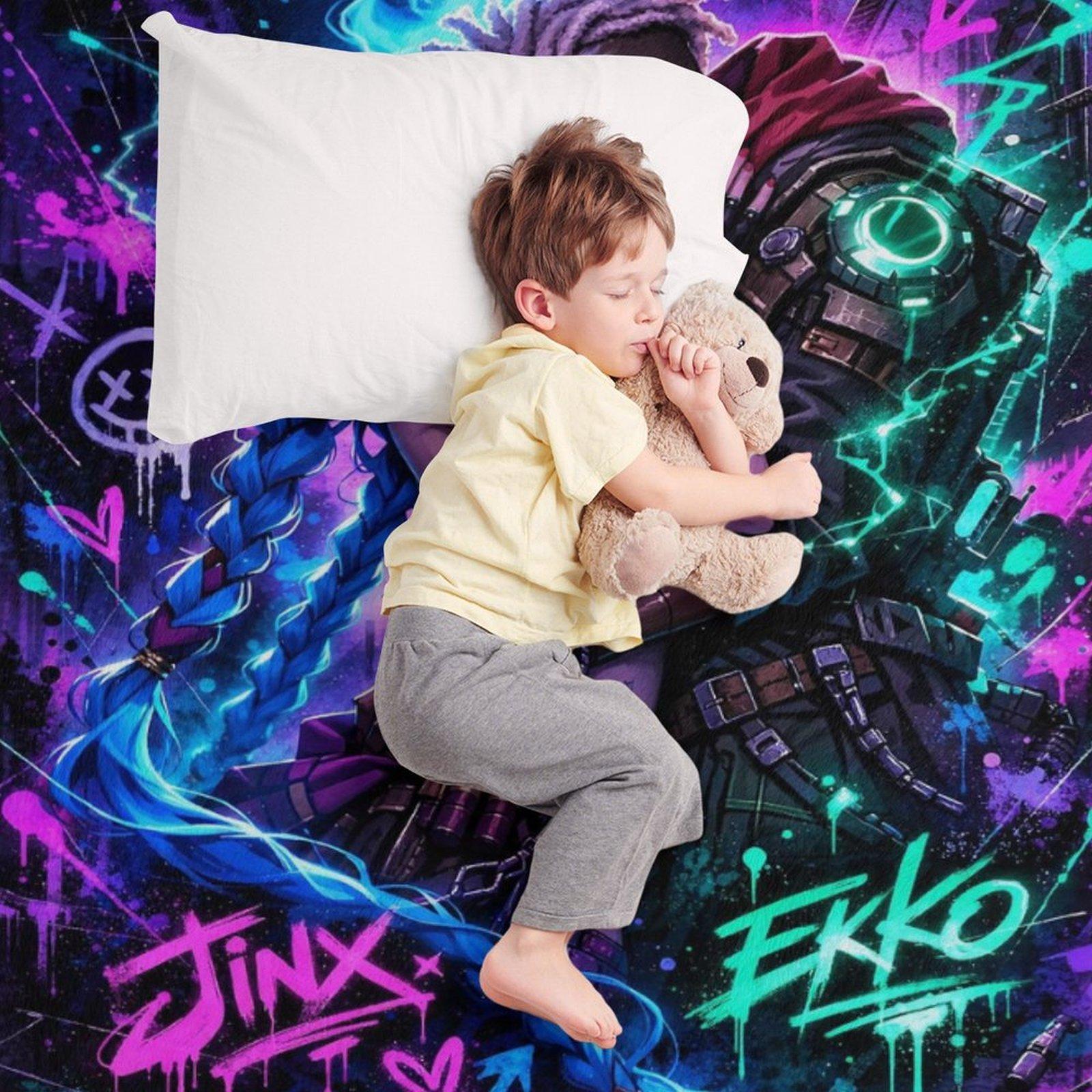 Jinx & Ekko "Neon Graffiti" Couple's Blanket | *Arcane* Anime Epic Flannel Throw Blanket Jinx & Ekko "Neon Graffiti" Couple's Blanket | *Arcane* Anime Epic Flannel Throw Blanket