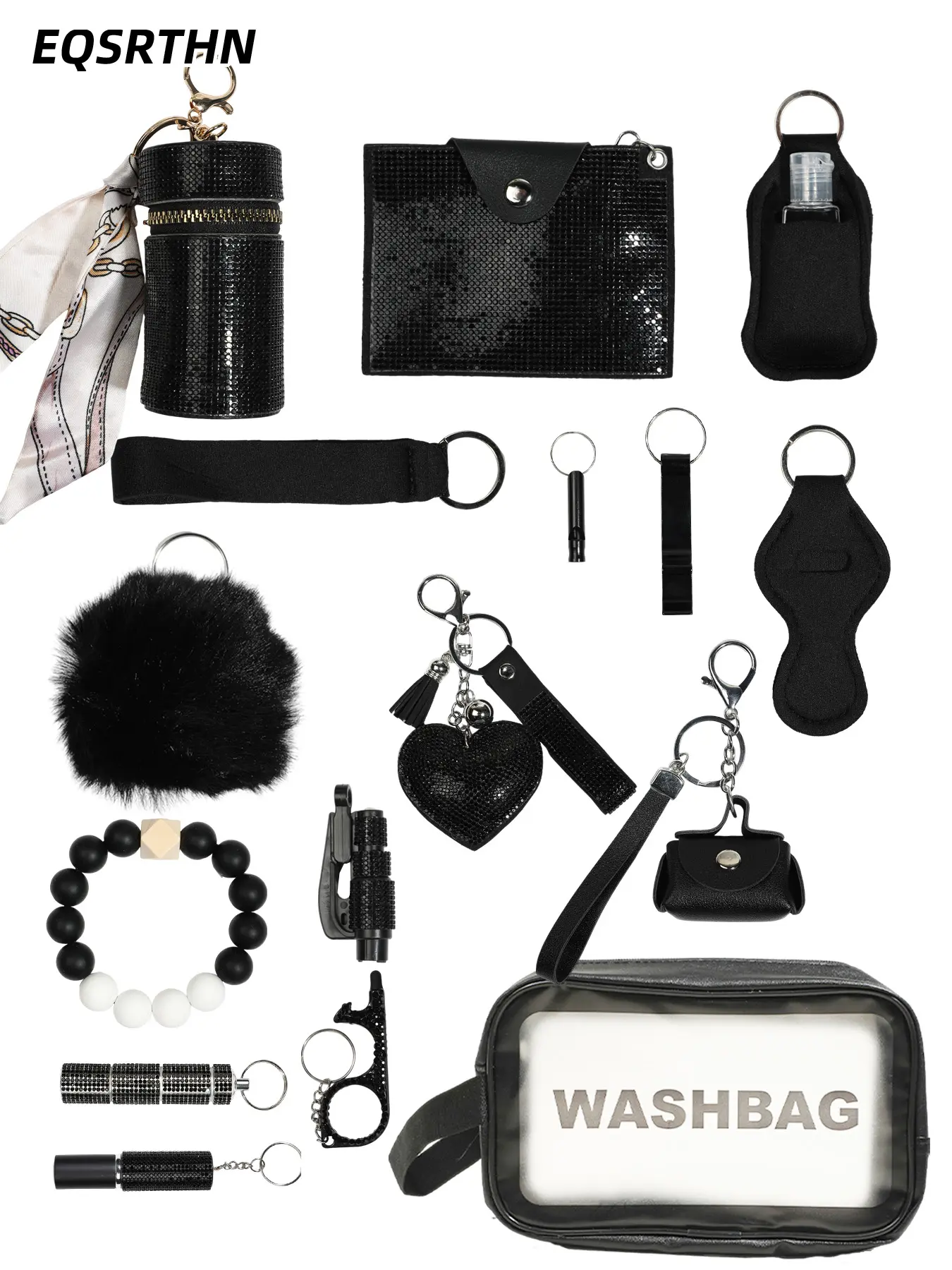 17pcs Essential Safety Keychain for Women Personal Defense Accessories Kit Heart Shape Bling Pendant Alarm Whistle No Touch Door Opener Stylus Wrist Strap Portable Emergency Survival Tools Defense Kits