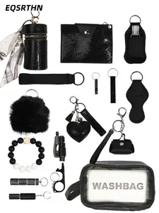 17pcs Essential Safety Keychain for Women Personal Defense Accessories Kit Heart Shape Bling Pendant Alarm Whistle No Touch Door Opener Stylus Wrist Strap Portable Emergency Survival Tools
