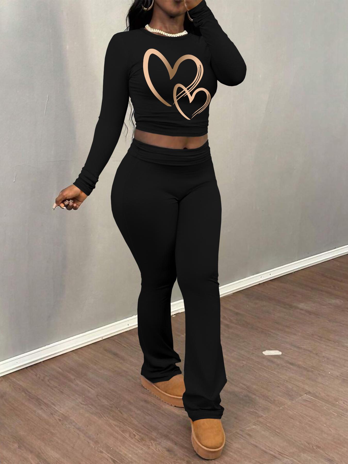 Women's Heart Print Long Sleeve Crop Tee & Flare Leg Pants Two-piece Set, Casual Fashion Round Neck Top & Bell Bottom Trousers for Daily Outdoor Wear, Women's Clothing for Fall & Winter