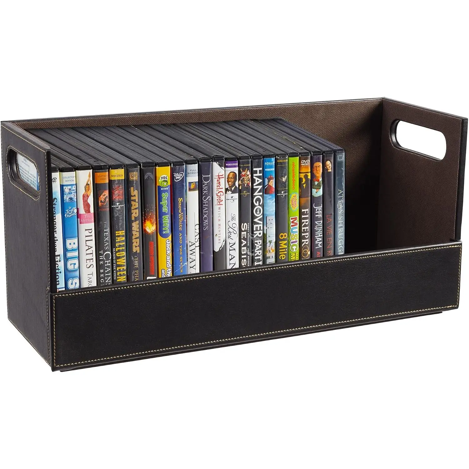 DVD Storage Box, Movie Shelf Organizer for Blu-Ray, Video  Cases, CDs, VHS Tape Display Stand, Disc Holder Can Store Up to 28 DVDs, Faux Leather (Espresso)