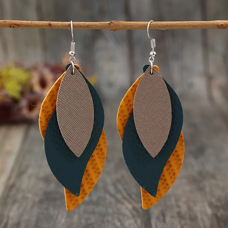 1 Pair New Three-layer Leaf-shaped Lychee Pattern PU Leather Earrings