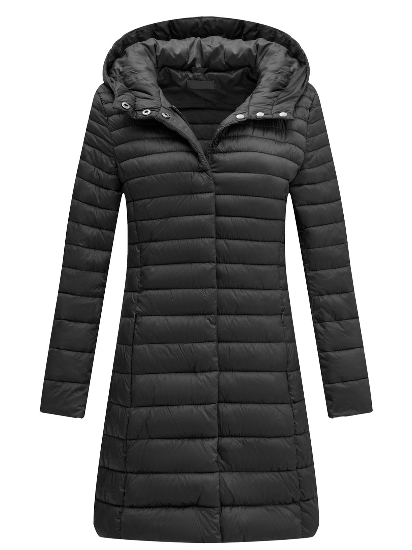 Women's Plus Size Long Puffer Coat for Fall Winter, Warm Hooded Coat with Pockets, Casual Fitted Outerwear, Elegant Commuter Style Clothes