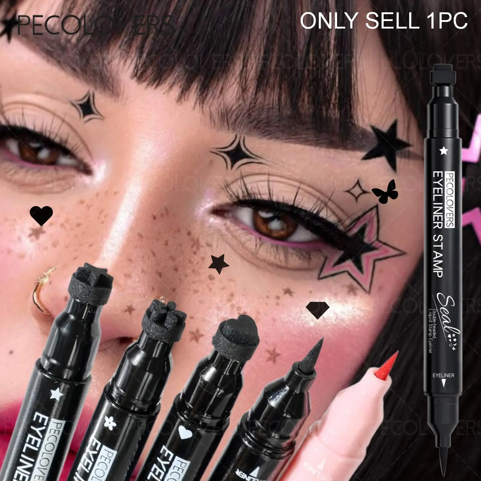 1pc Waterproof Moon Flower Star Dual-Tip Liquid Graphic Eyeliner Pen Stamps, Long-Lasting Eye Makeup Product Includes Heart Butterfly Shapes for Creative Eye Makeup