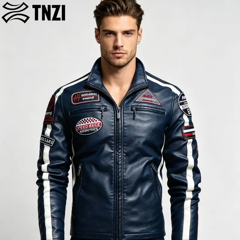 Men's Retro Fleece-Lined Biker Jacket - Long Sleeve, Zipper Front, Woven Fabric, Stand Collar, Zippered Pockets, Label Accents, Casual Outdoor Motocross Coat, s