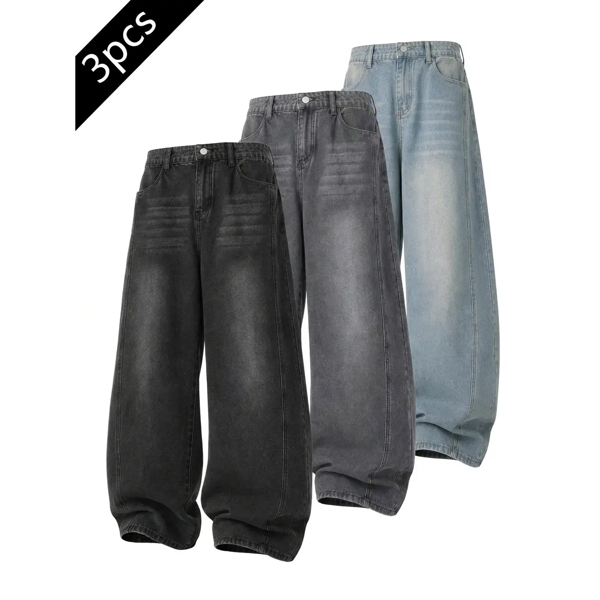 Classic Sand Faded Vertical Side Panel Stitch Wide Leg Denim Jeans For Men Mid Rise Loose Fit Baggy Denim Pants Distinct Outer Seam Detail, Vintage Black, Classic Blue & Grey With Variety Color Combo Choices, Viral TikTok Urban Skate Streetwear Bottoms